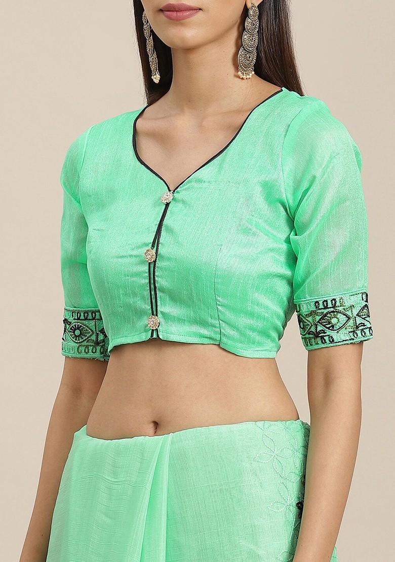 Green Floral Embroidered Poly Blend Saree Set