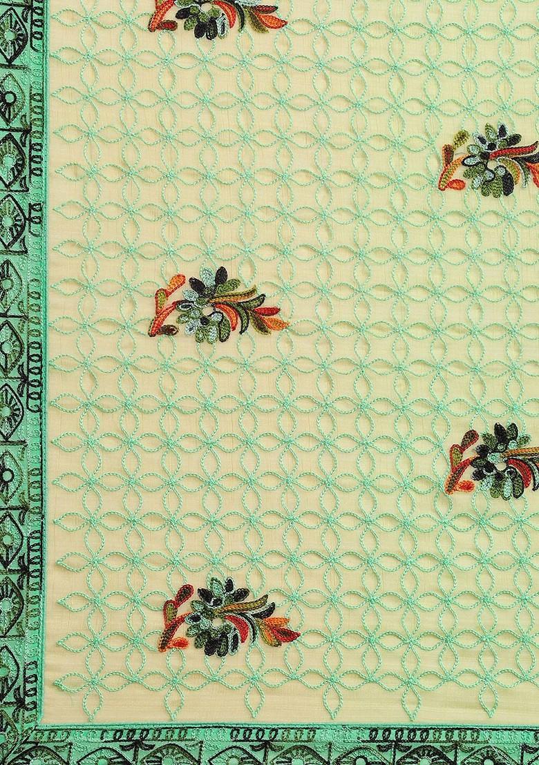 Green Floral Embroidered Poly Blend Saree Set