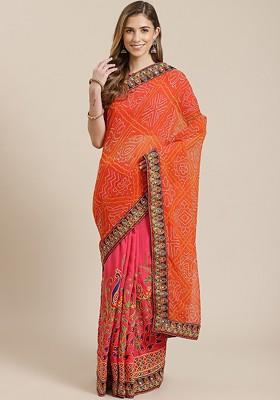 Orange Embroidered Poly Blend Saree Set