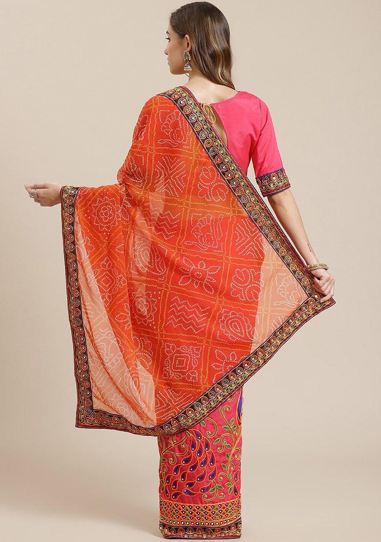 Orange Embroidered Poly Blend Saree Set