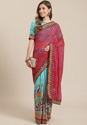 Pink Embroidered Poly Blend Saree Set
