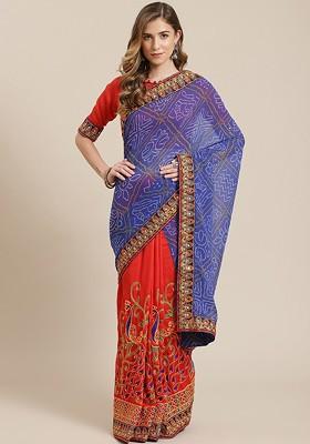 Blue Embroidered Poly Blend Saree Set