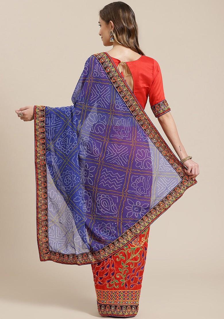 Blue Embroidered Poly Blend Saree Set