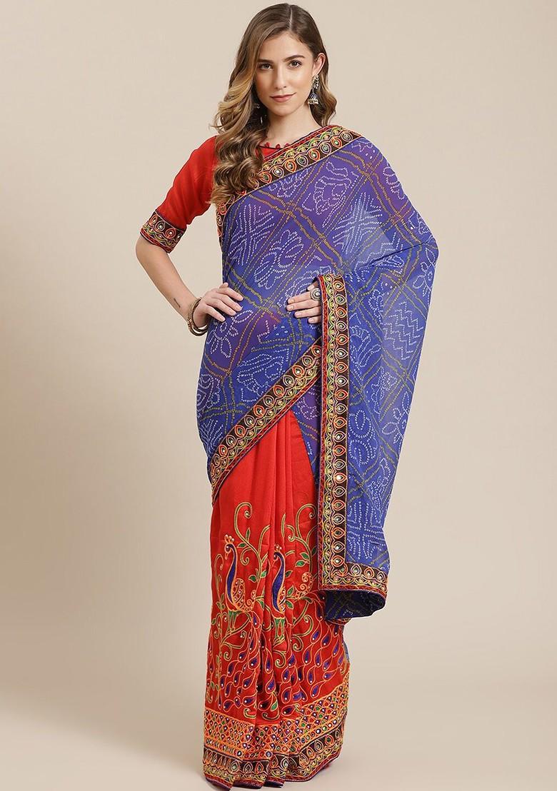 Blue Embroidered Poly Blend Saree Set