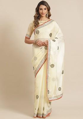 Yellow Ethnic Motifs Embroidery Poly Blend Saree Set