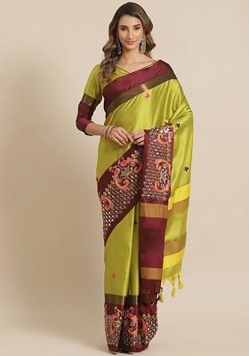 Green Ethnic Motifs Embroidery Silk Saree Set