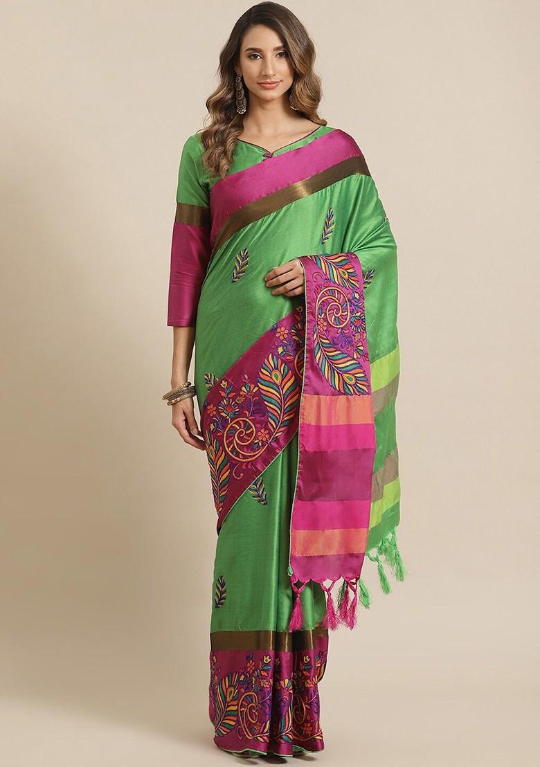 Green Ethnic Motifs Embroidery Silk Saree Set