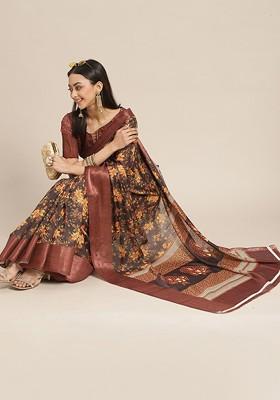 Black Zari Embroidered Poly Blend Saree Set