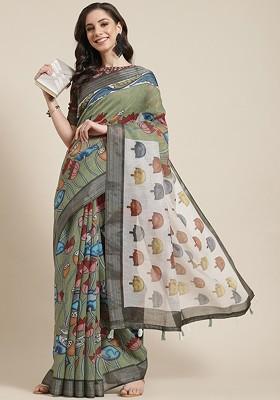 Green Zari Embroidered Linen Saree Set