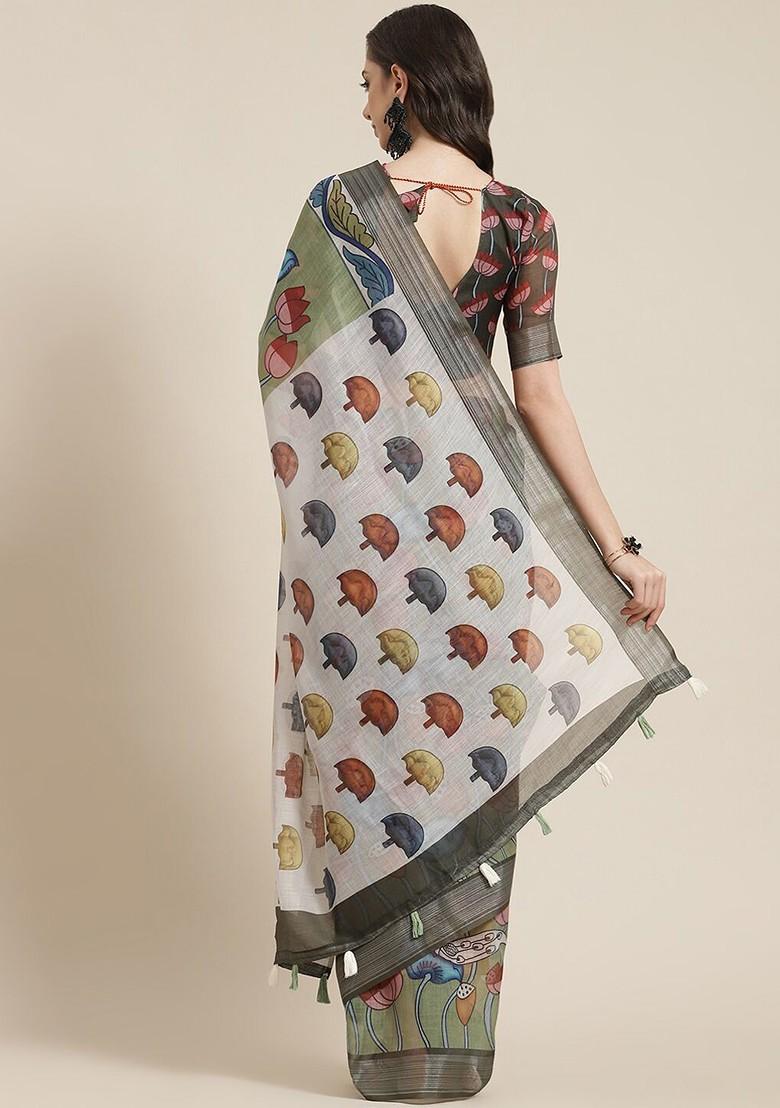 Green Zari Embroidered Linen Saree Set