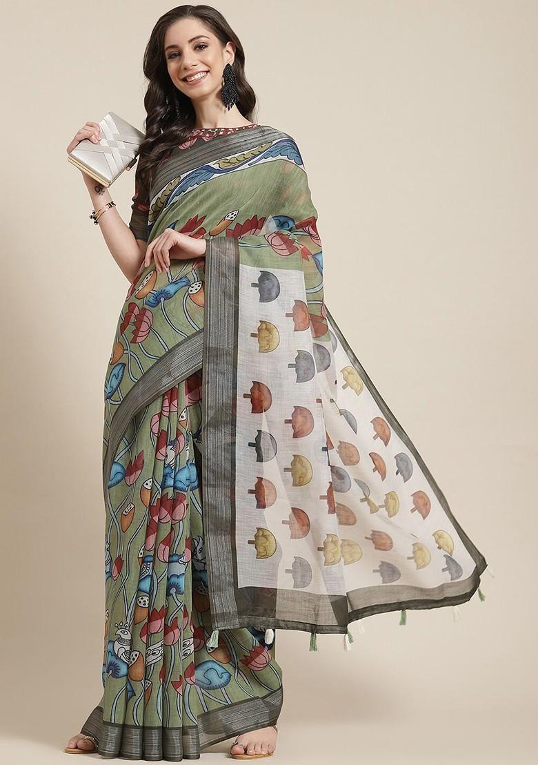 Green Zari Embroidered Linen Saree Set