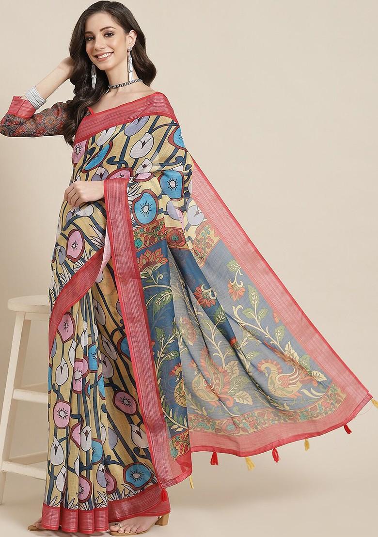 Yellow Zari Embroidered Linen Saree Set