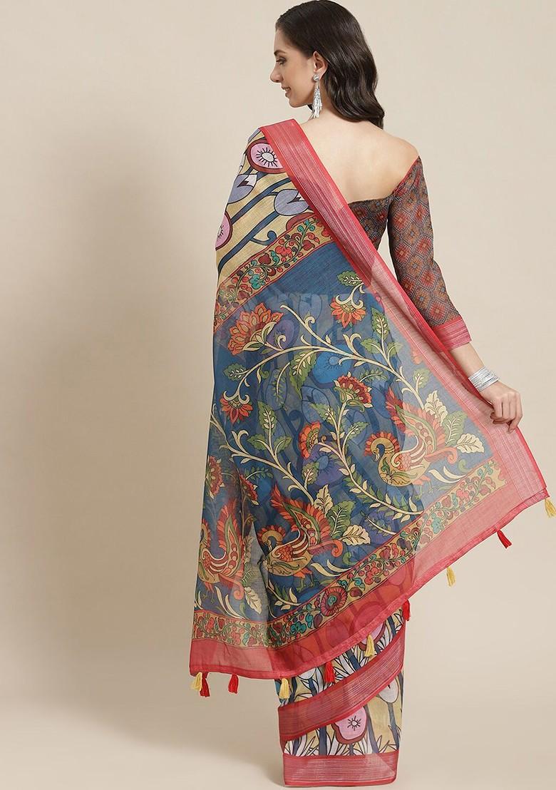 Yellow Zari Embroidered Linen Saree Set