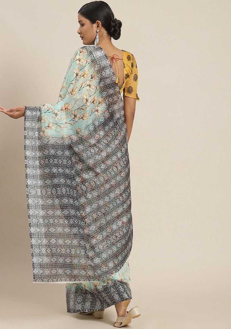 Sea Green Floral Print Poly Blend Saree Set