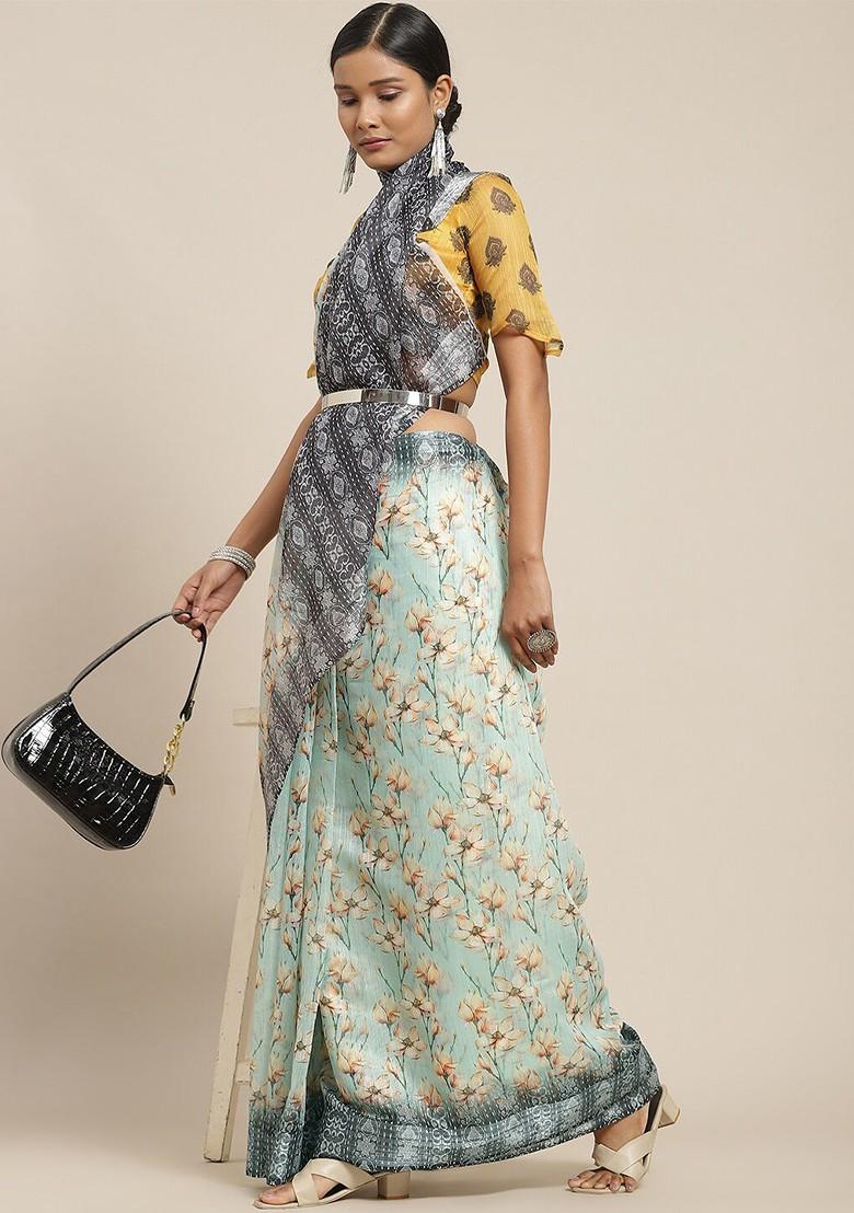Sea Green Floral Print Poly Blend Saree Set