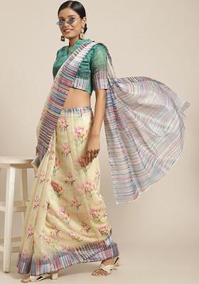Yellow Floral Print Poly Blend Saree Set