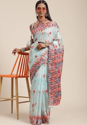 Turquoise Blue Floral Print Poly Blend Saree Set