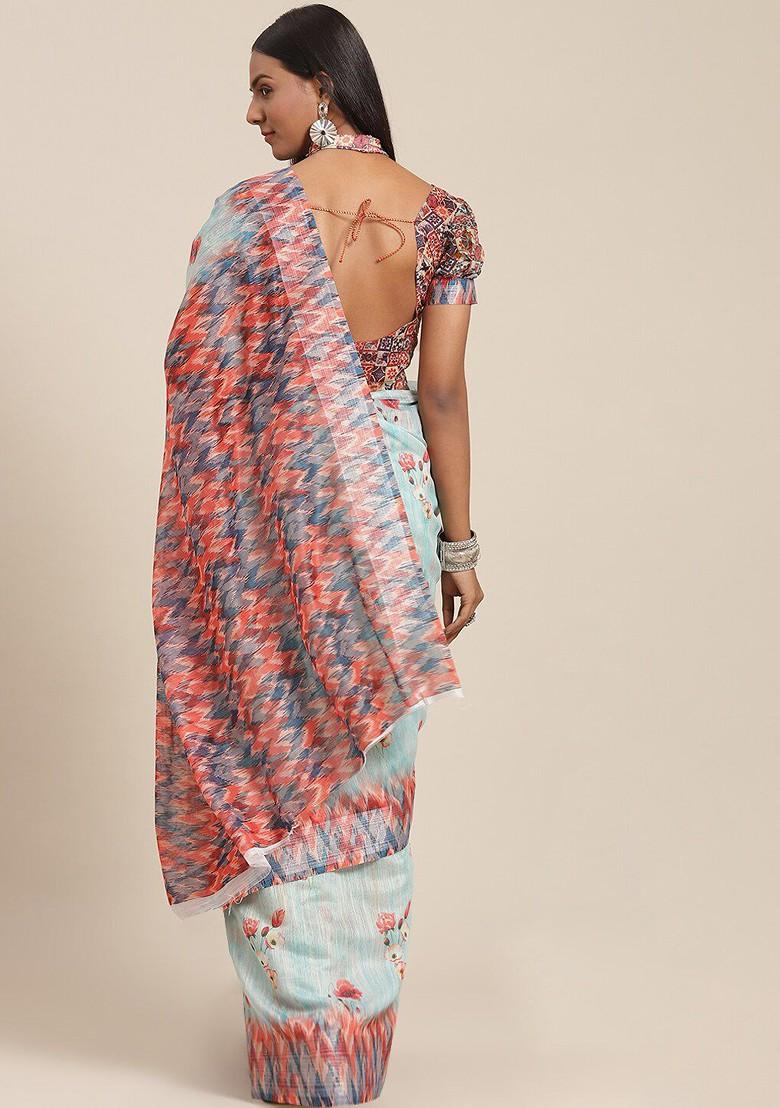 Turquoise Blue Floral Print Poly Blend Saree Set