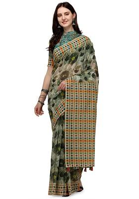 Green Block Print Linen Saree Set