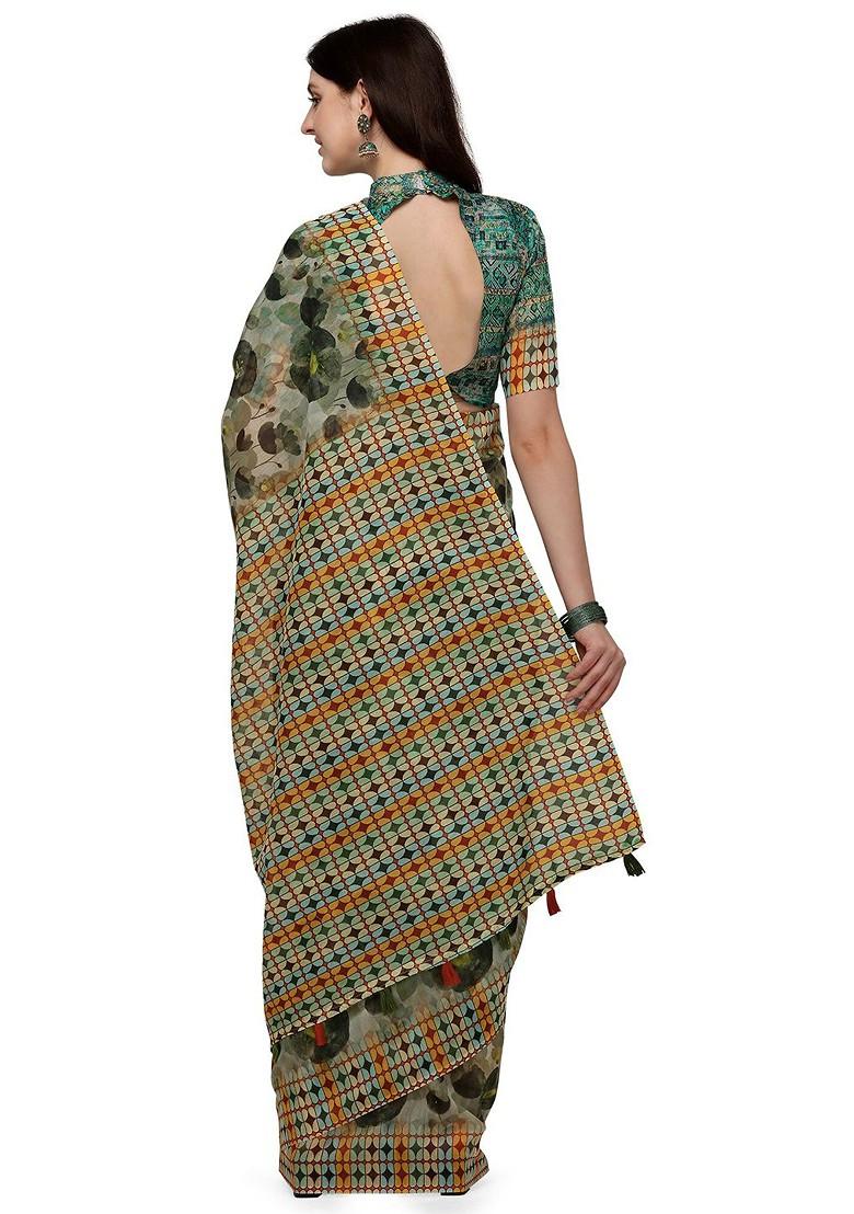 Green Block Print Linen Saree Set