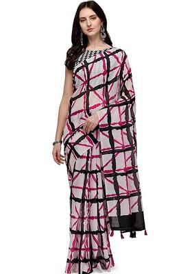 White Printed Poly Blend Saree Set