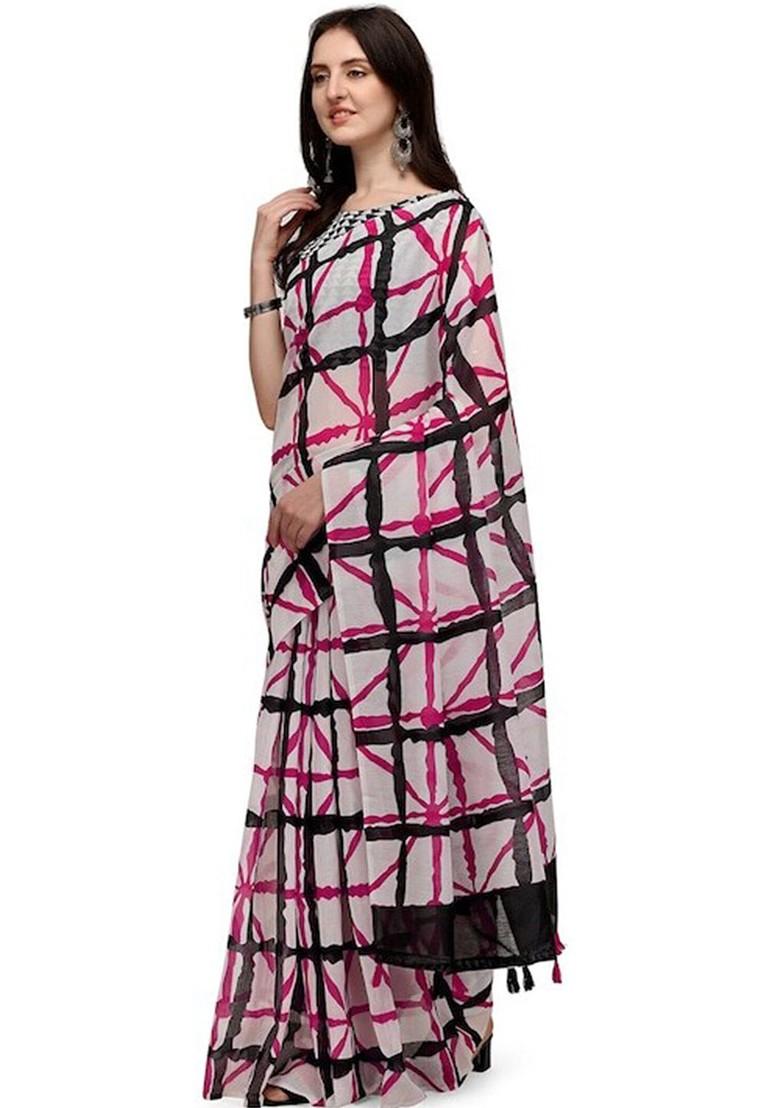 White Printed Poly Blend Saree Set