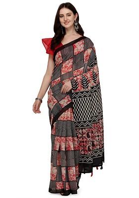 Black Block Print Linen Saree Set