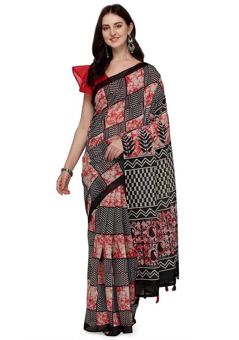 Black Block Print Linen Saree Set