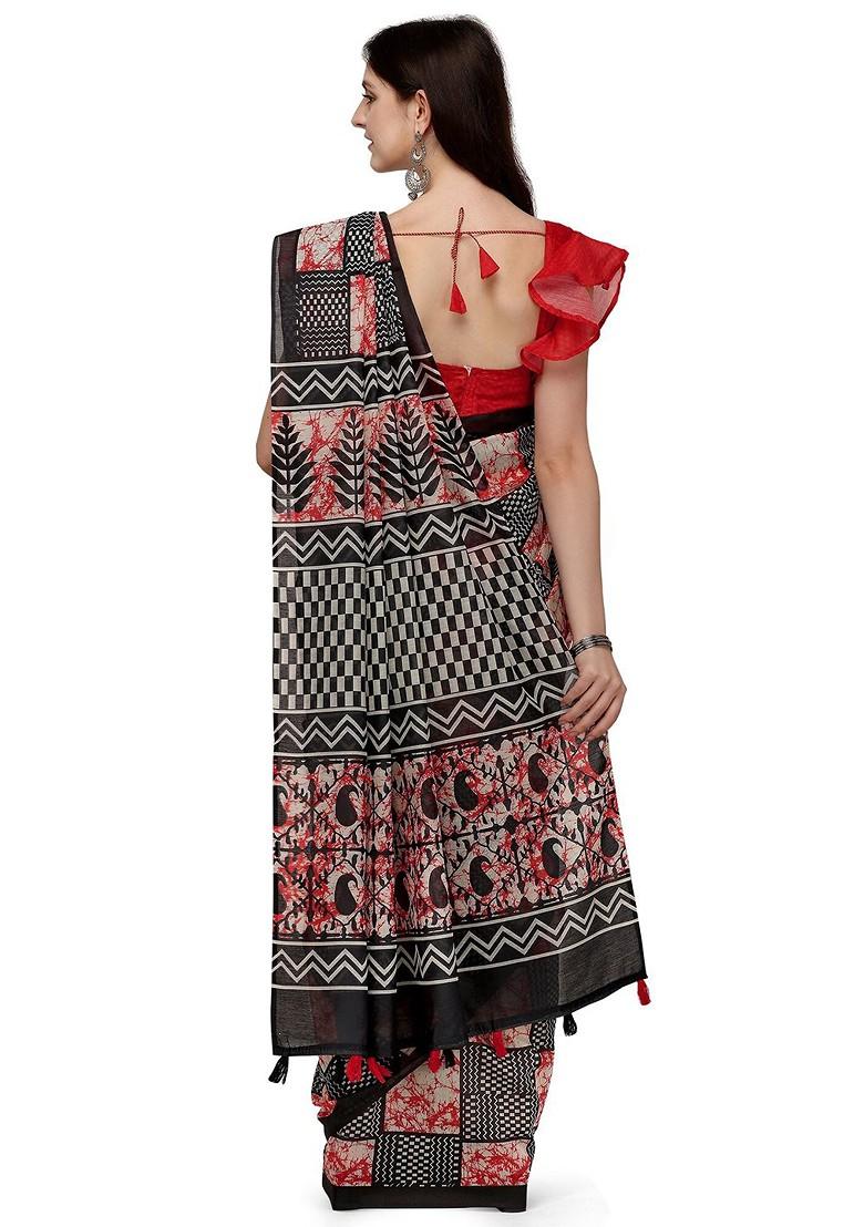 Black Block Print Linen Saree Set