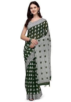 Green Block Print Linen Saree Set