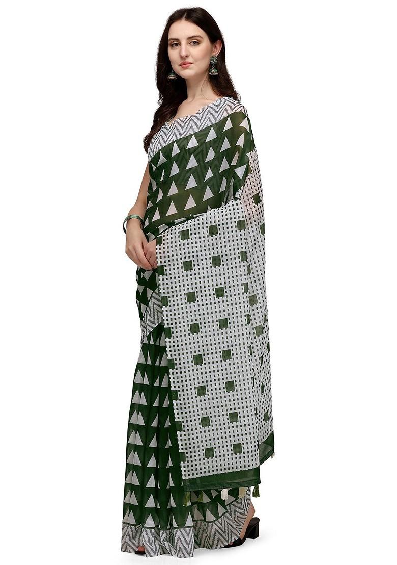 Green Block Print Linen Saree Set