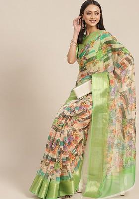 Green Zari Embroidered Organza Saree Set