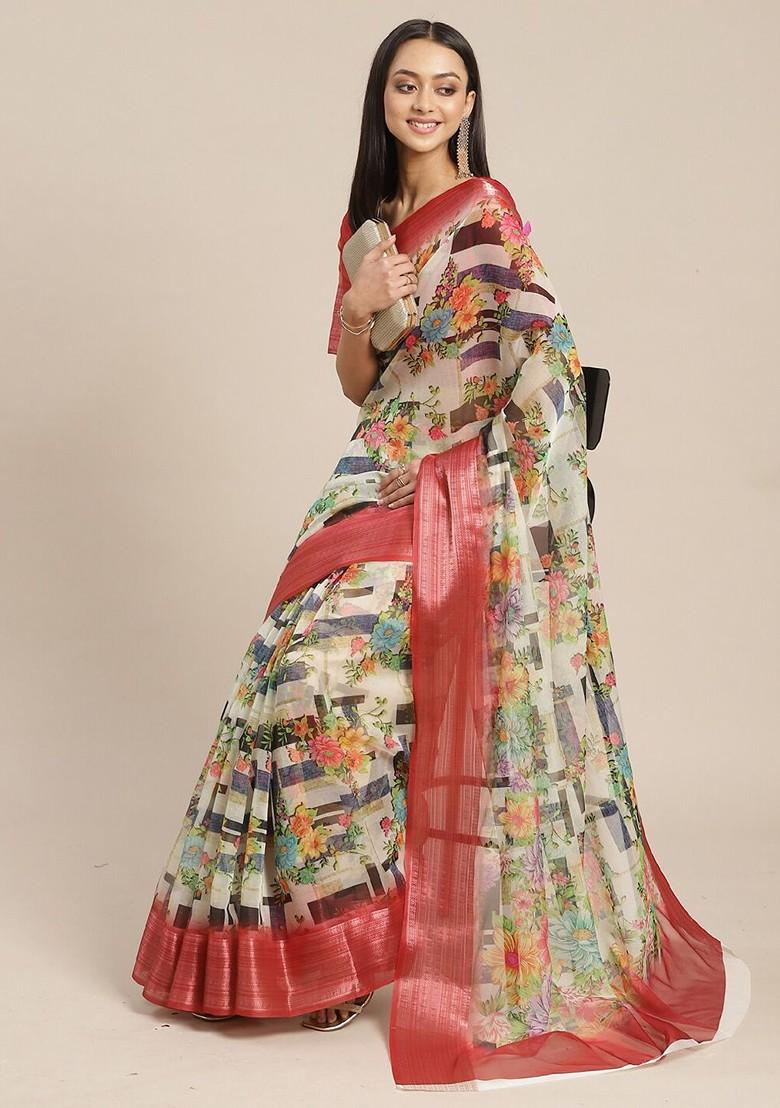 Beige Zari Embroidered Organza Saree Set