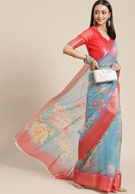 Turquoise Blue Zari Embroidered Organza Saree Set
