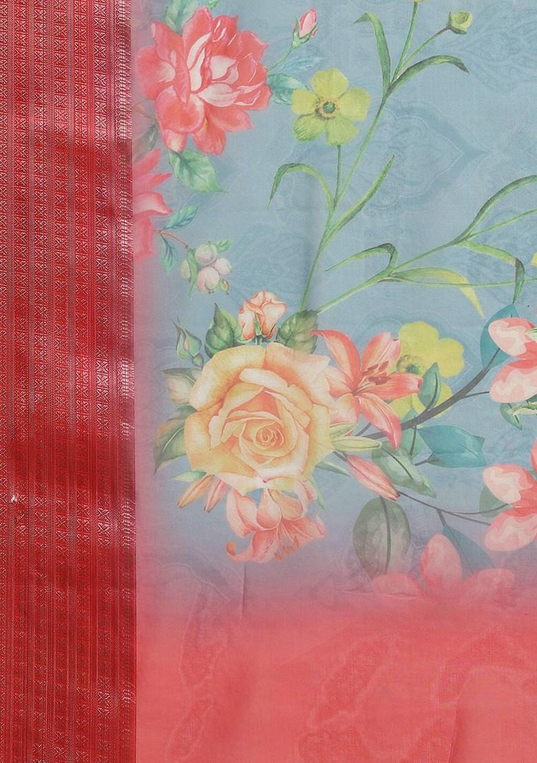 Turquoise Blue Zari Embroidered Organza Saree Set