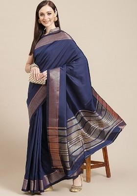 Blue Zari Embroidered Silk Saree Set