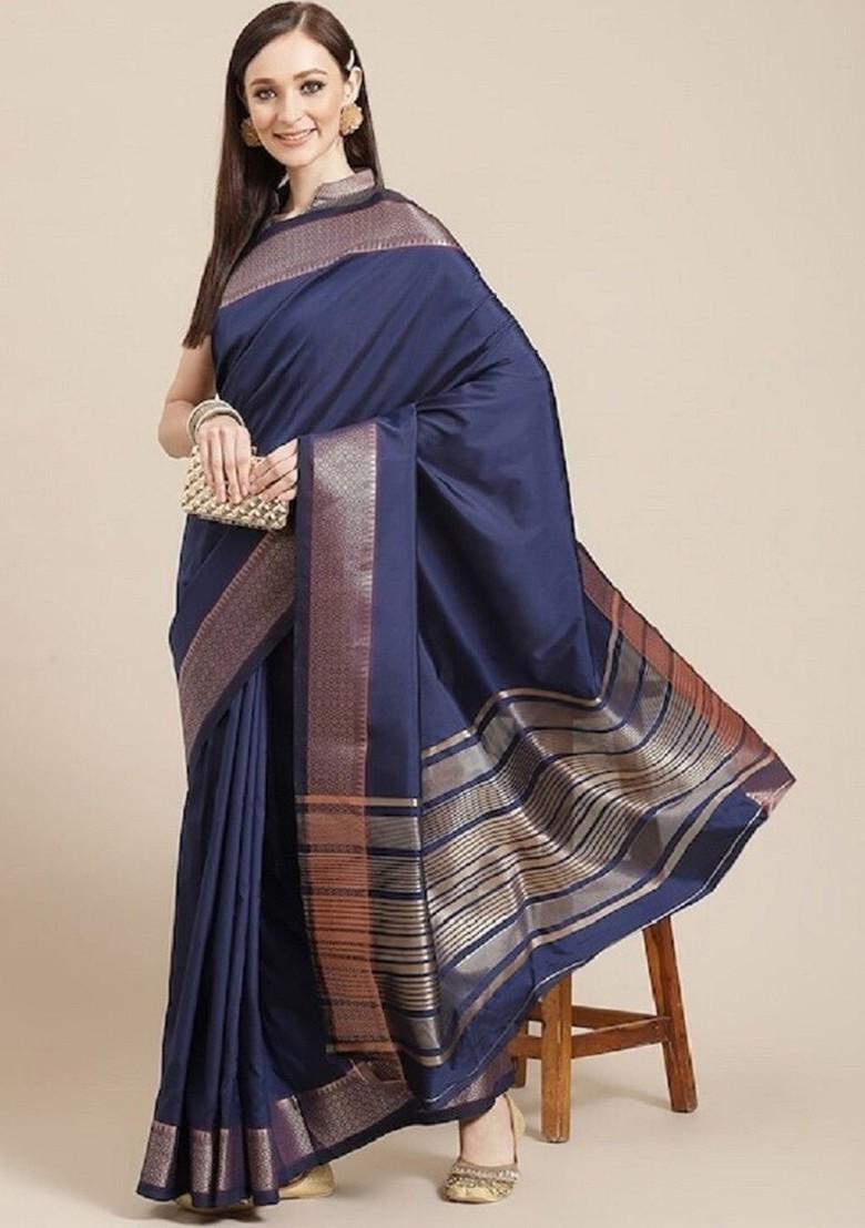 Blue Zari Embroidered Silk Saree Set