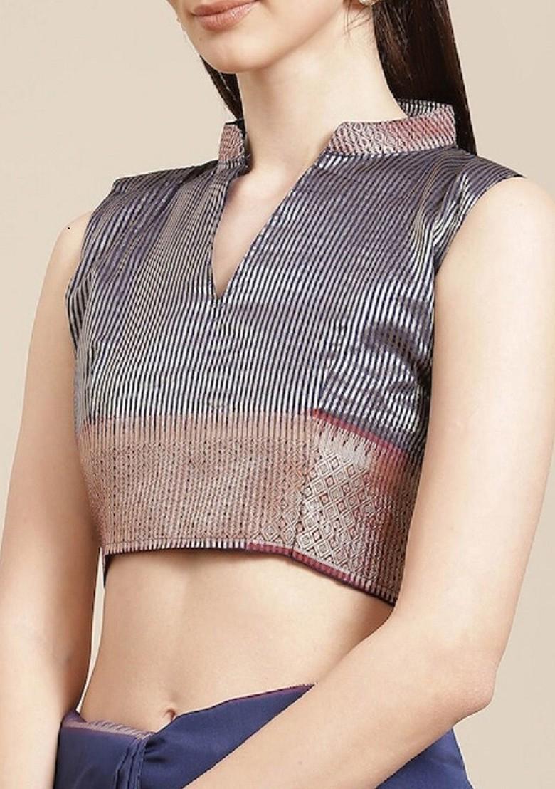 Blue Zari Embroidered Silk Saree Set