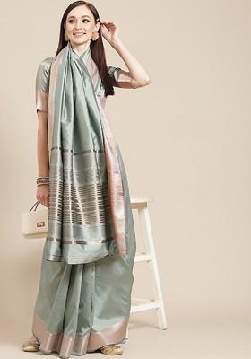 Blue Zari Embroidered Silk Saree Set