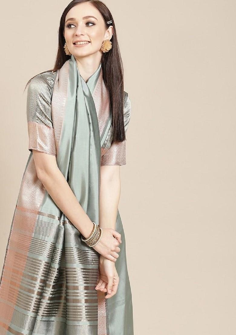 Blue Zari Embroidered Silk Saree Set