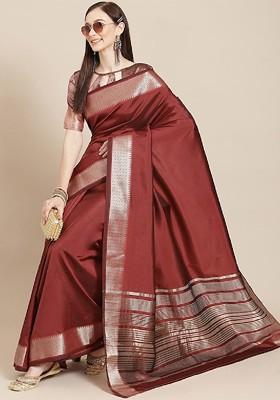 Maroon Zari Embroidered Silk Saree Set