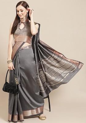 Grey Zari Embroidered Silk Saree Set