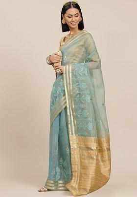 Turquoise Blue Floral Embroidered Organza Saree Set
