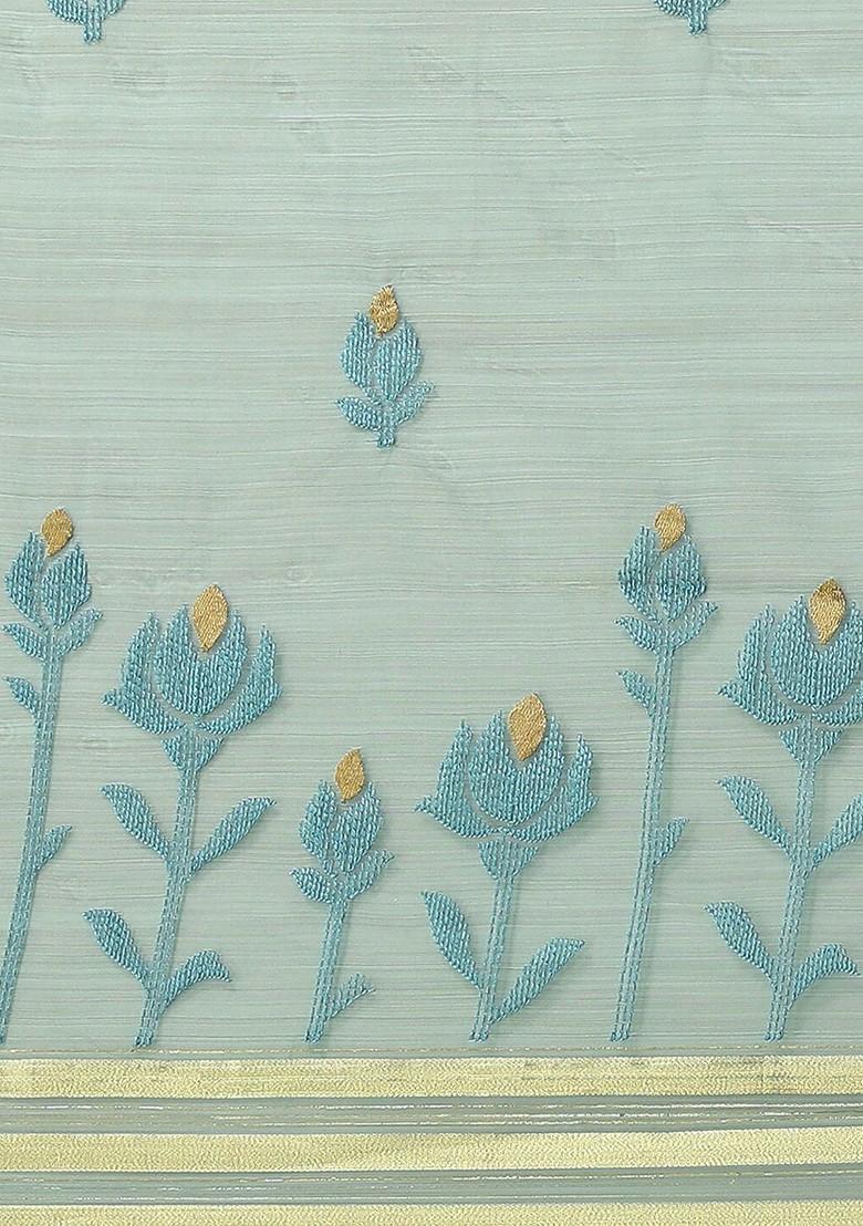 Turquoise Blue Floral Embroidered Organza Saree Set