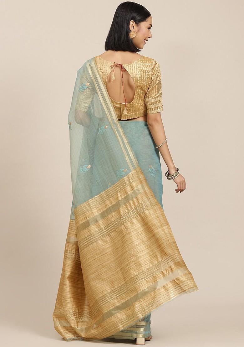 Turquoise Blue Floral Embroidered Organza Saree Set