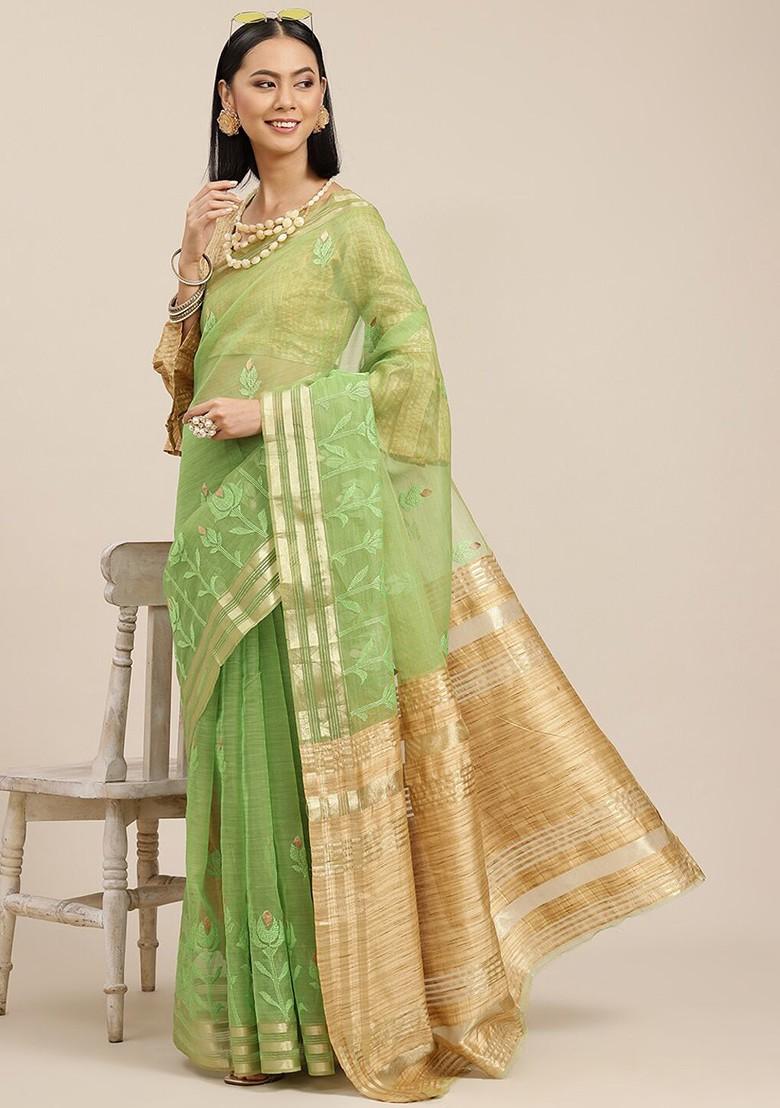 Green Floral Embroidered Organza Saree Set