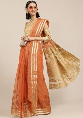 Orange Zari Embroidered Organza Saree Set