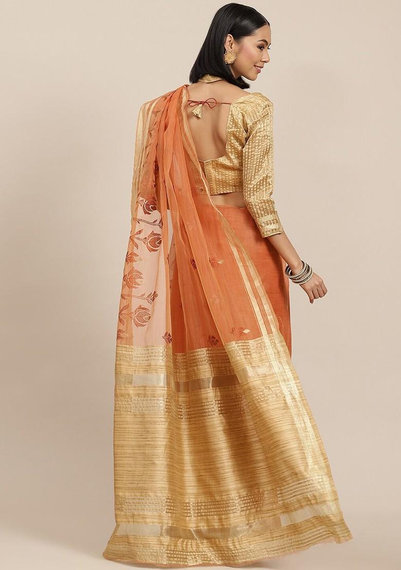 Orange Zari Embroidered Organza Saree Set