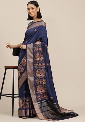 Blue Ethnic Motifs Embroidery Silk Saree Set