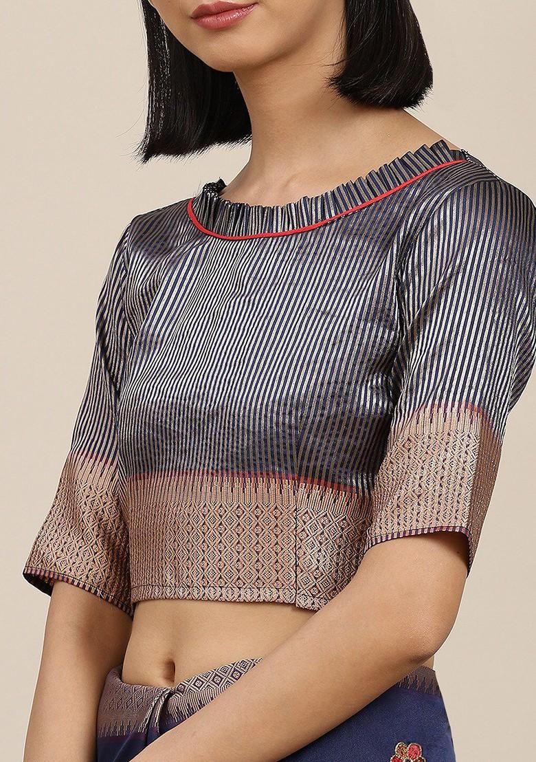 Blue Ethnic Motifs Embroidery Silk Saree Set